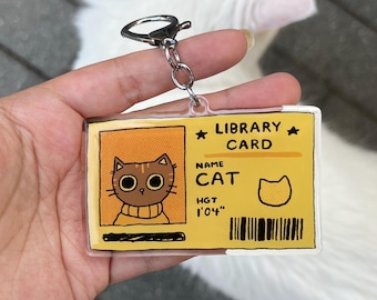 Library Card Cat Acrylic Keychain - Cute Keychain - Original Artwork - Funny Gift - Purse Accessory - Bag Charm