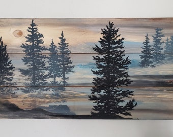 Spruce Wood Wall Art: Hand-Painted Forest Landscape