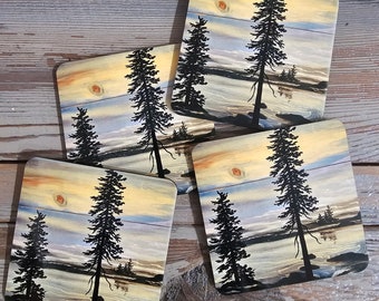 3.75 inch westcoast vibes wood coasters set of 4, handmade in Victoria, Vancouver Island, British Columbia Canada