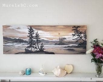 Handmade Spruce Wood Landscape Painting, Vancouver Island Wall Art