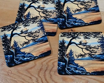 3.75 inch westcoast coasters set of 4, handmade in Victoria, Vancouver Island, British Columbia Canada