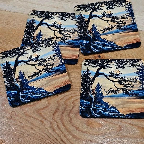 3.75 inch westcoast coasters set of 4, handmade in Victoria, Vancouver Island, British Columbia Canada