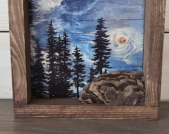 Landskapskonst i återvunnet trä, signerad inramad väggdekoration (18x18 cm)