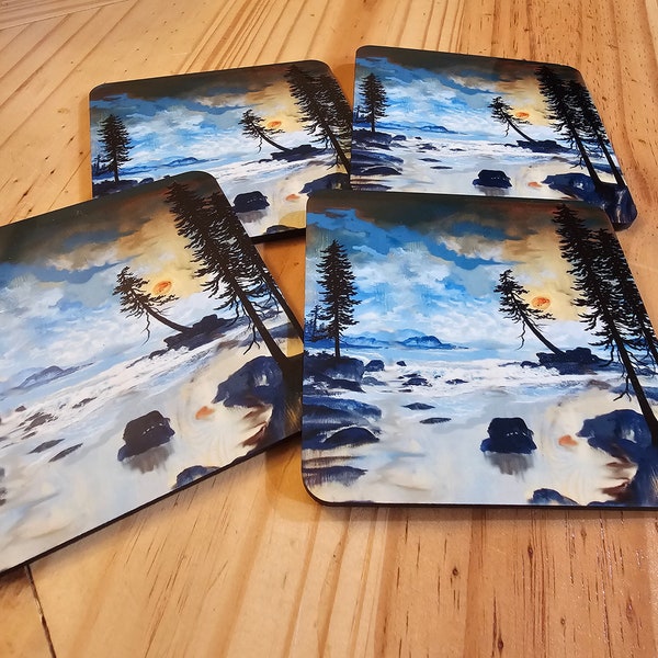 3.75 inch westcoast coasters set of 4, handmade in Victoria, Vancouver Island, British Columbia Canada