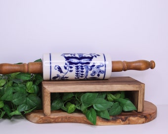 Antique Blue Onion Porcelain Rolling Pin with Wood Handles, 16" long Blue and White Blue Onion Porcelain Rolling Pin, Wood Handles