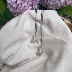 Flower Agate Moon Pendant Crystal Necklace, Natural Flower Agate Pendant, Handmade Necklace, Black Stainless Steel Chain
