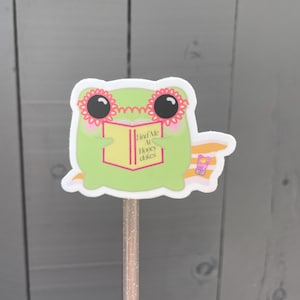 May include: A green frog wearing pink sunglasses is reading a book that says "Find Me At Honey Cakes". The frog is holding the book with its front paws and has a yellow and orange striped towel behind it.
