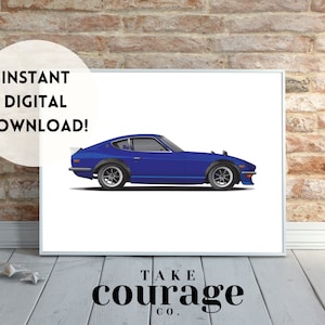 Blue Datsun Fairlady 240z print | nursery kids room poster | toddler boys classic sports car decor | vehicle transportation printable poster