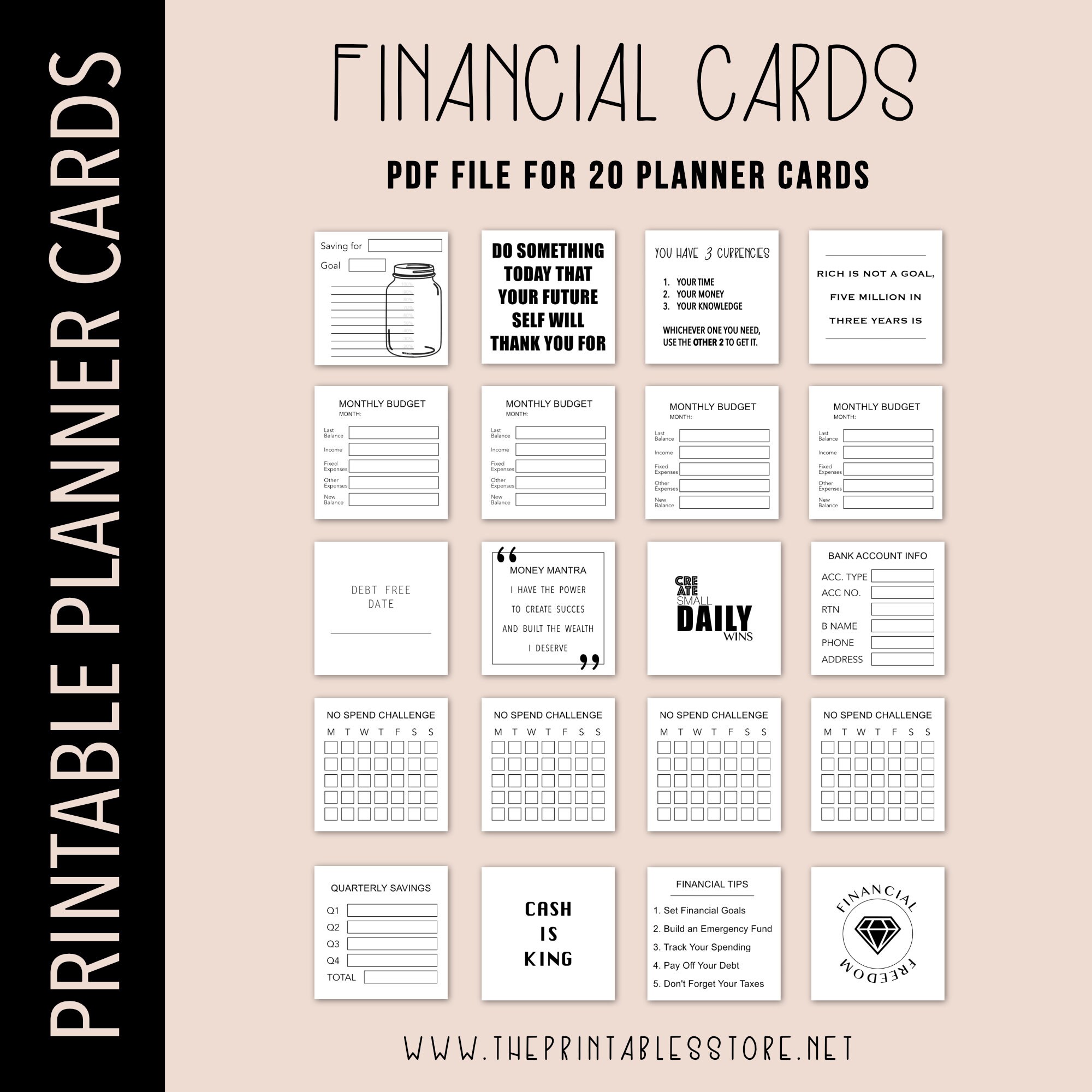 Financial Planner Cards Printable, Budget Card, No Spend Challenge ...