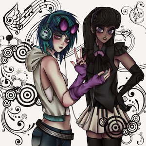 May include: A digital illustration of two figures with stylized features. One has teal hair, headphones, and a white hoodie. The other has long black hair, a black vest, and a piano-key patterned skirt. The background features black musical notes and swirls.