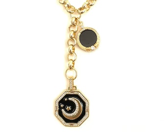 Chunky 18k Gold Filled Rolo Belcher Chain Black Onyx Coin Pendant Charm Necklace Moon Star Medallion Lariat Black Enamel Onyx Drop
