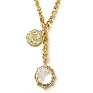 Chunky 18k Gold Filled Rolo Belcher Chain Pearl Radial Coin Pendant Charm Necklace CZ Shell Medallion Lariat Drop