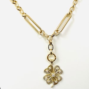 Four Leaf Clover Necklace: Trombone Link Chain, CZ Medallion