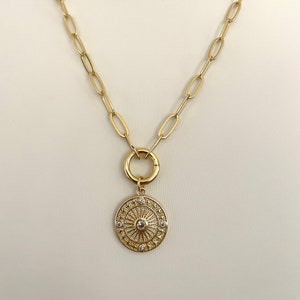 18k Gold Filled Radial Compass Coin Chain Pendant Charm Necklace Paperclip Chain