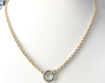 Two-Tone Rolo Link Charm Holder Minimalist Necklace: 18k Gold Filled, White Gold Ring