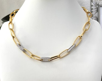 Custom Two Tone Pave Gold Bar Paperclip Link Chain Necklace Layering Gift for Her