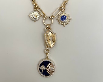 Custom Mixed Paperclip Chain Charm Necklace with Blue Moon Sun Star Shield Charms Layering Chain Gift for Her