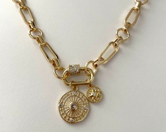 Chunky Gold Mixed Link Chain Necklace: Pave Carabiner, Compass & Star Charms