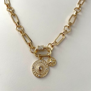 Chunky Gold Equestrian Mixed Link Chain Pave Station Necklace Pave Link Necklace Carabiner Charm Holder Coin Compass Star Starburst Layering