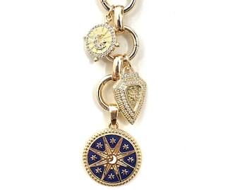 Chunky Trombone Chain Charm Necklace: Celestial Compass, Shield, Moon