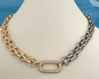 Two Tone Chunky Chain Necklace: Gold & Silver Carabiner Clasp
