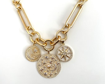 Chunky Gold Celestial Charm Necklace: Mixed Paperclip Chain