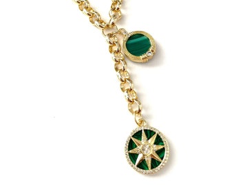 Custom Malachite Star Charm Necklace Chunky Rolo Chain North Star Medallion  Layering Necklace Gift for Her Lariat Drop