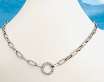 CZ Pave Charm Holder Paperclip Chain Necklace - 18k Gold Filled