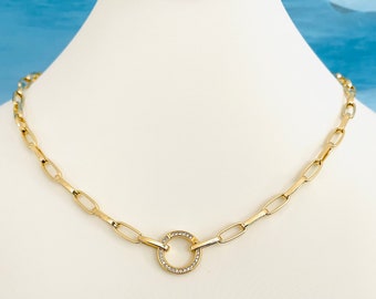 18k Gold Filled Paperclip Chain Necklace: CZ Charm Holder