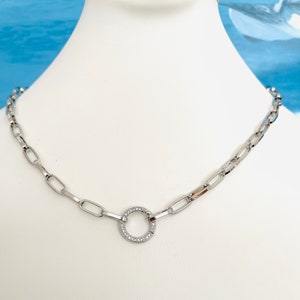 CZ Pave Charm Holder Paperclip Chain Necklace - 18k Gold Filled