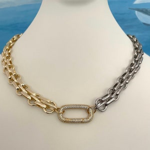 Two Tone Chunky Chain Necklace: Gold & Silver Carabiner Clasp