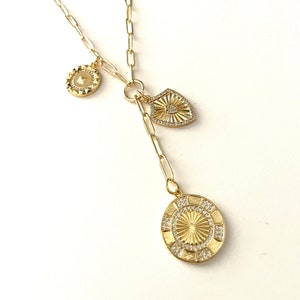 18k Gold Filled Charm Necklace: Sunburst Medallion Paperclip Chain