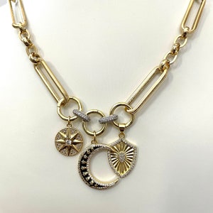 Custom Charm Necklace Trombone Chain Enamel Moon Shield North Star Charm Medallions Gift for Her