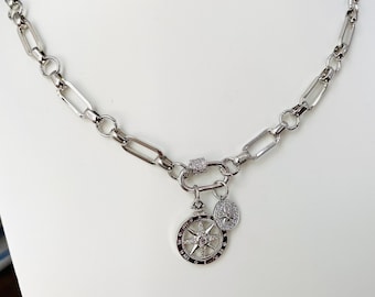 Gros collier mousqueton équestre en or blanc porte-breloques à maillons chaîne pavé Station pièce de monnaie boussole étoile étoile superposition chaîne cadeau pour elle