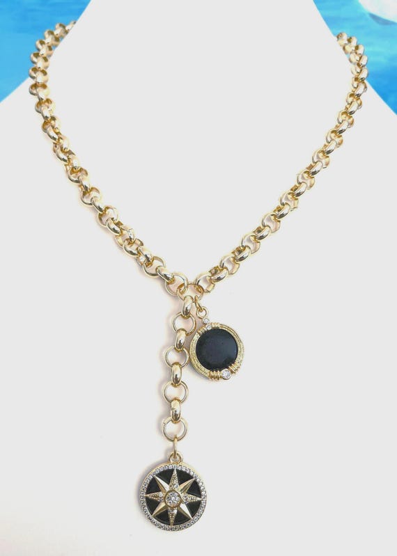 Chunky Gold Charm Necklace: Black Onyx North Star Medallion, 18k Gold Filled, Lariat