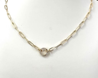18k Gold Filled Paperclip Chain Necklace: CZ Charm Holder