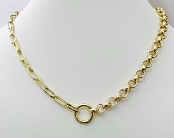 18k Gold Filled Paperclip Rolo Chain Necklace: Carabiner Clasp Charm Holder
