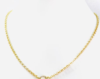 18k Gold Filled Rolo Chain Charm Holder Minimalist Necklace: CZ Spring Clasp