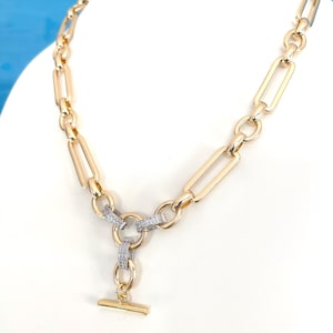 Chunky Trombone T Bar Chain Necklace With Pave CZ Connectors, image 3