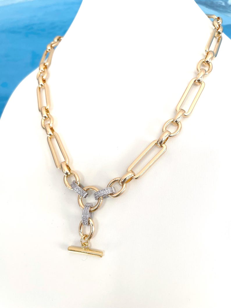 Chunky Trombone T Bar Chain Necklace With Pave CZ Connectors, image 3