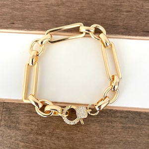 24k Gold Filled Paperclip Link Bracelet with Pave CZ Clasp