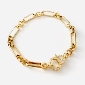 18k Gold Paperclip Chain Bracelet: Pave CZ Clasp