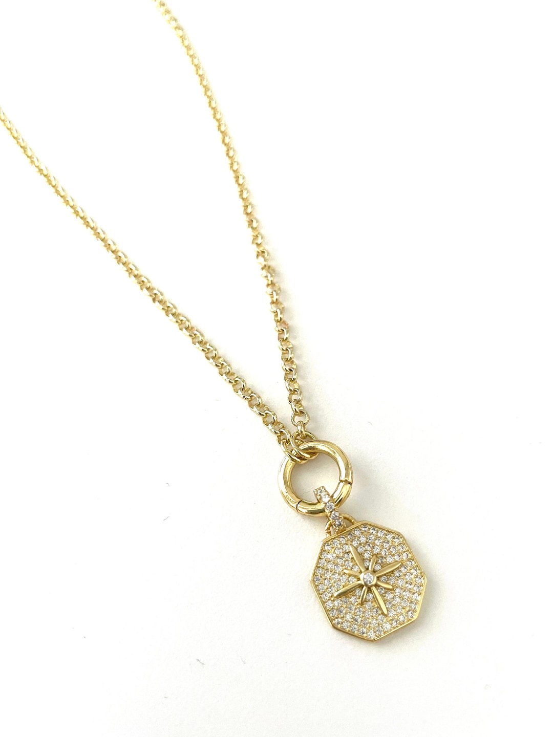 Custom Rolo Chain With Charm Holder Ring Pave CZ North Star Charm - Etsy