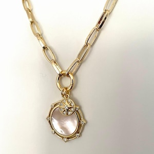 Gold Filled Paperclip Chain Necklace: Shell Pearl Charm Holder Pendant