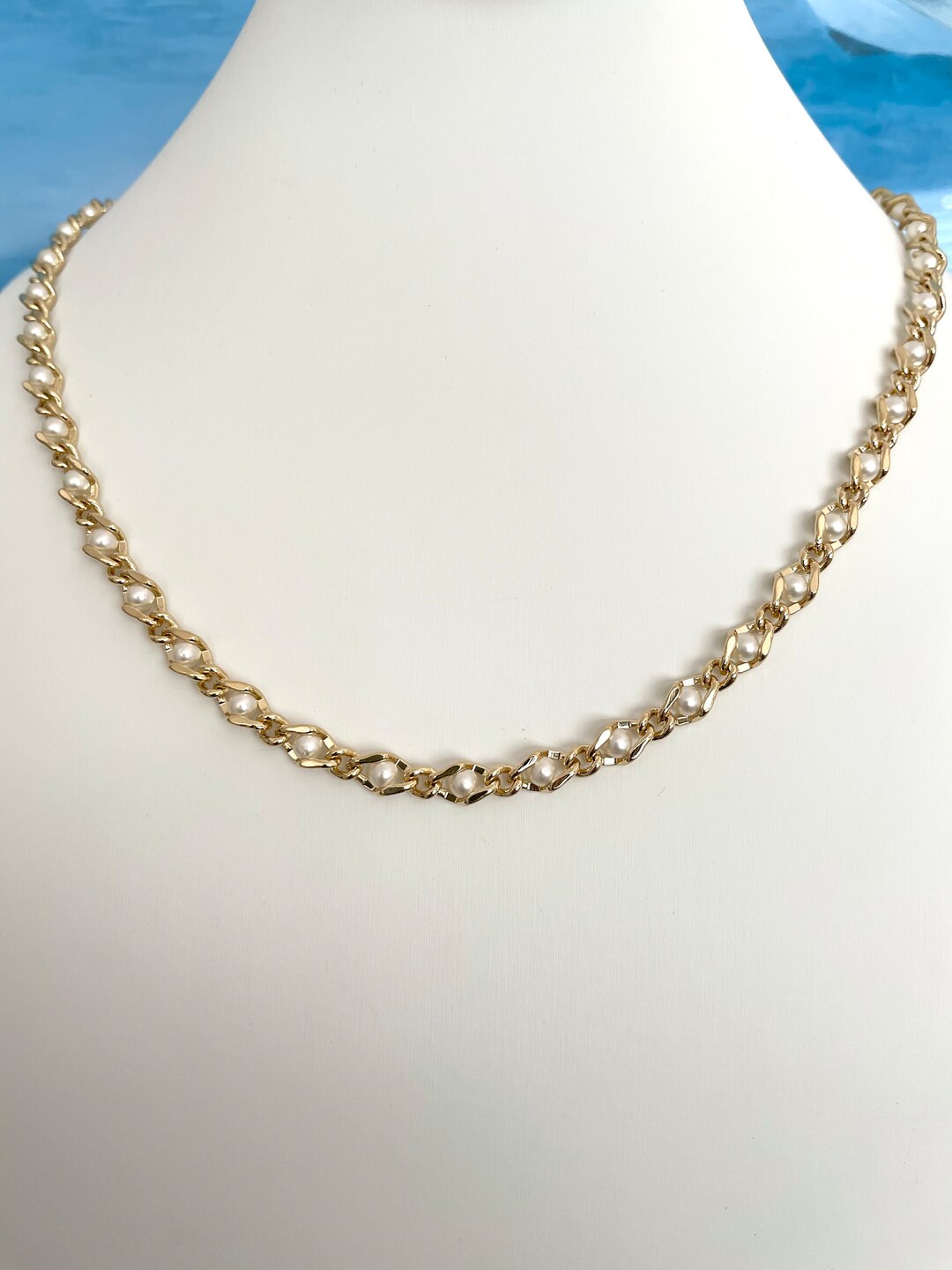 Pearl Tennis Necklace Chain 24k Gold Layering Necklace Gift for Her Etsy