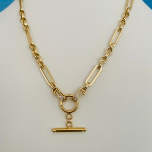 Chunky Paperclip Chain Necklace, T Bar Toggle, CZ Connectors. 18k Gold Filled Mixed Link Status Necklace, Layering, Gift for Her