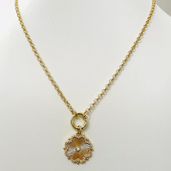 Clover Charm Necklace Rolo Chain with Flower Pendant and Charm Holder