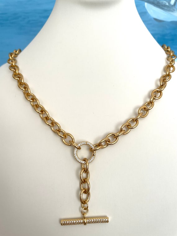 Chunky T Bar 18k Gold Filled Oval Chain Link Necklace Circle CZ