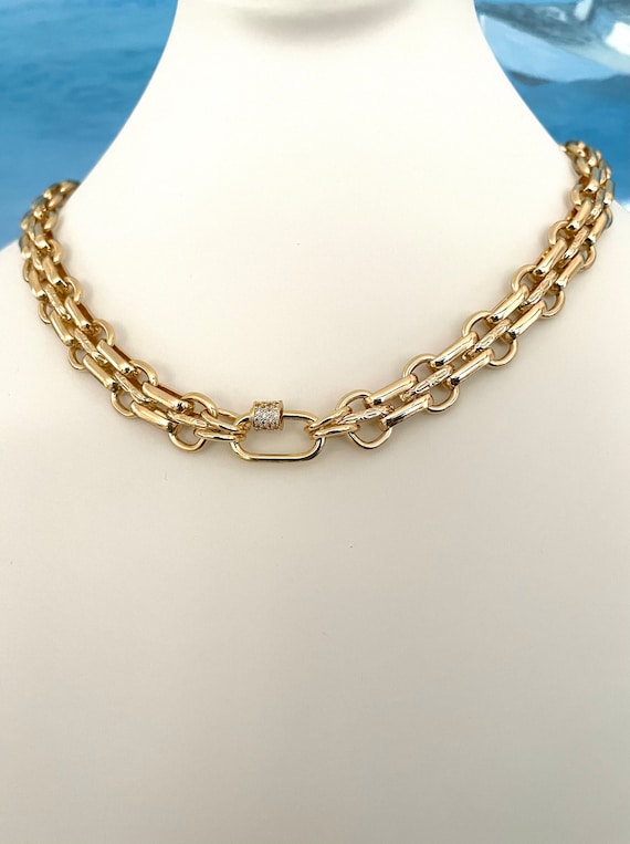 Chunky Link Chain Necklace: 18k Gold Plated Carabiner Charm Holder
