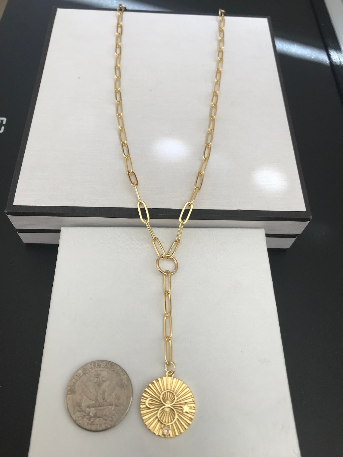 Paperclip Chain Pendant Necklace Gold CZ Karma Charm Medallion Etsy